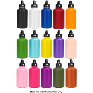 A drink bottle collection featuring various vibrant colours, including black, white, orange, green, and purple, with a rotating carry handle lid.