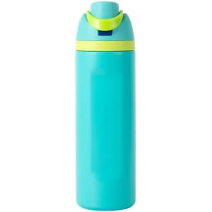 A drink bottle in a bright turquoise colour with a yellow lid and a logo. Ideal for insulated beverages.