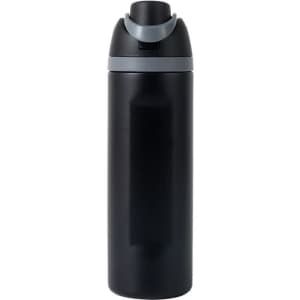 A drink bottle in black stainless steel with a grey lid, featuring a logo on the body.