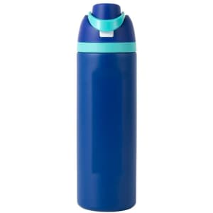 A drink bottle in navy blue with a turquoise lid and an attached flip-top spout. It features a logo.