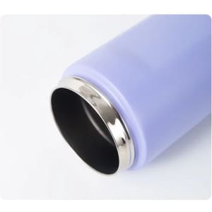 A drink bottle in lavender with a stainless steel rim, featuring a logo on its side.