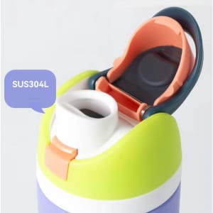 A drink bottle featuring a colourful design with a green, purple, and orange cap, and a logo on the side.