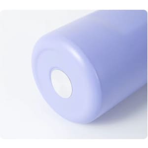 A drink bottle in a soft purple shade with a rounded base and a silver bottom insert. It features a logo.