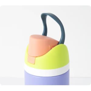 A drink bottle featuring a stainless steel body in purple, with a green and orange lid and a handle.