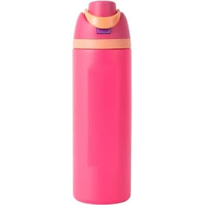 A drink bottle featuring a bright pink design with an orange top and a logo. It has a sleek, insulated body.