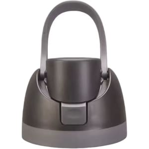 A drink bottle with a grey and black design, featuring a handle and a secure lid. It has a logo on the surface.