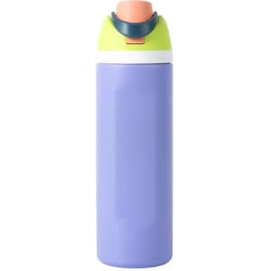 A drink bottle with a lavender body, white and green cap, and pink button. It features a logo.