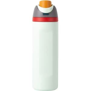 A drink bottle in white with a grey and orange cap, featuring a logo on the body. 700ml stainless steel insulated design.