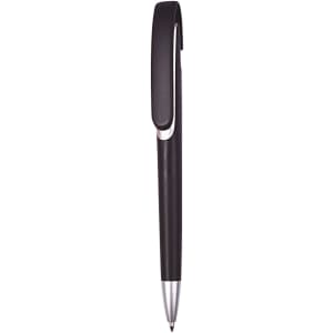 A black push-action plastic ballpen with a silver accent and a clip. It has a simple and sleek design.