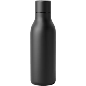 A drink bottle in matte black, featuring a sleek design and a cap. It has a logo on the surface.
