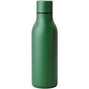 A drink bottle in a matte green finish, featuring a sleek design and a lid. It has a logo on the surface.