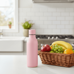 A pink thermal drink bottle is placed on a kitchen countertop beside a basket of fresh fruit.