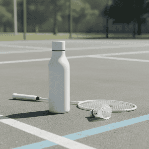 A drink bottle in white rests on a tennis court beside a racquet and shuttlecock. It features a logo.