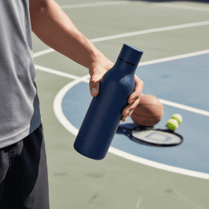 A drink bottle in navy blue held by a person, with sports equipment in the background.