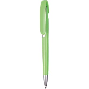 A green push-action plastic ballpen with a sleek design and a silver tip, featuring a branding logo.