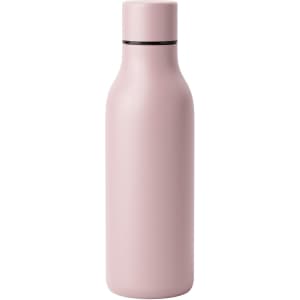 A drink bottle in a soft pink colour with a sleek design and a black band near the top. It features a logo.