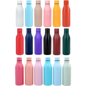 A drink bottle collection featuring various colours including white, blue, pink, orange, red, purple, black, and green.