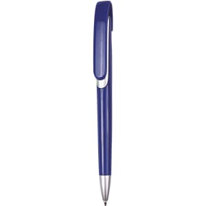A blue push-action plastic ballpen with a clip and silver accents. It features a branded logo.
