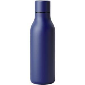 A drink bottle in a deep blue colour, with a sleek, rounded design and a matching cap. Features a logo.