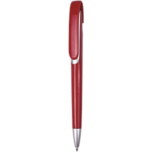 A red plastic ballpoint pen with a push-action mechanism and a silver clip. It features a logo.