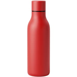 A drink bottle in vibrant red, featuring a sleek design and a black band around the neck. It has a logo on the side.