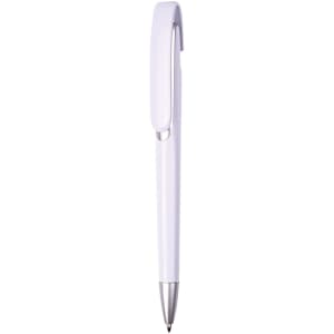 A white plastic ballpoint pen with a sleek design and a clip. Features a silver accent and a logo.