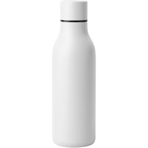A drink bottle in matte white with a sleek design and a silver accent around the neck. Features a logo.