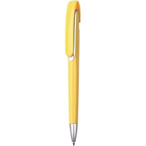 A yellow plastic ballpoint pen with a push-action mechanism and a clip. It features a simple design and has a logo.