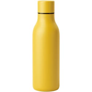 A drink bottle in vibrant yellow, featuring a sleek design and a small branding logo on the side.