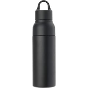 A drink bottle in matte black, featuring a double wall vacuum insulation and a secure cap, with a logo.