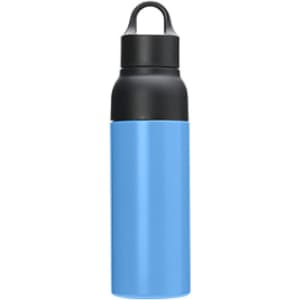A drink bottle featuring a light blue body and a black lid, with a handle for easy carrying.