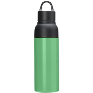 A drink bottle featuring a green body with a black lid, designed for eco-friendly use. It has a logo on it.