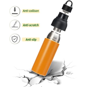 A drink bottle in orange with a silver base, featuring a black top and a logo. It displays anti-collision and anti-slip features.