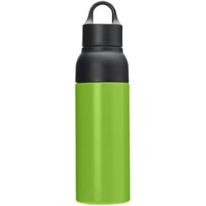 A drink bottle featuring a black lid and a vibrant green body, designed as a double wall vacuum flask.