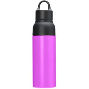 A drink bottle featuring a pink body and a black lid, with a logo on the surface.
