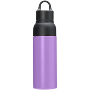 A drink bottle in purple and black with a double wall vacuum design and a handle on top.