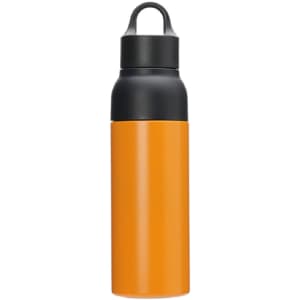 A drink bottle featuring a black lid and an orange body with a logo. It has a double wall design.