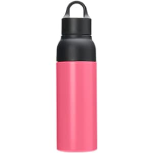 A drink bottle in pink and black, featuring a double wall design and a handle for easy carrying.