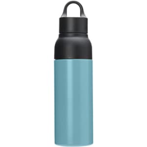 A drink bottle in a light blue colour with a black twist lid and a handle, featuring a logo.