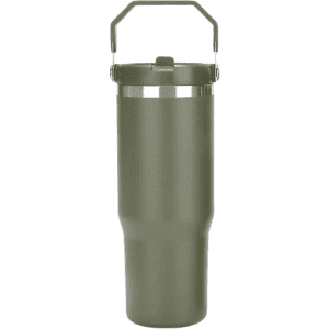A drink bottle in olive green with a silver band and a handle for easy carrying. It features a logo.