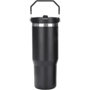 A drink bottle in black with a stainless steel band and a handle. It features a lid for easy access.