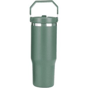 A drink bottle with a green exterior, stainless steel rim, and a handle for easy carrying.
