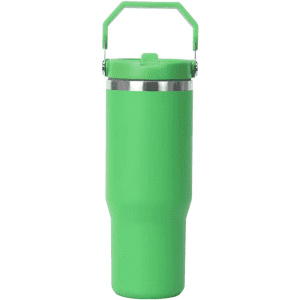 A drink bottle in bright green with a stainless steel rim and a handle for easy carrying.
