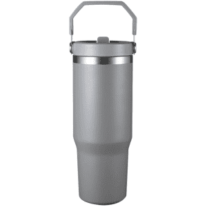 A drink bottle in silver with a handle and a sleek design, featuring a lid and a stainless steel band.