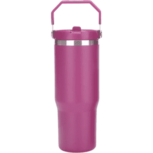 A drink bottle in a vibrant pink colour with a silver band and a handle for easy carrying. It features a logo.