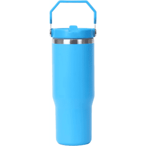 A drink bottle in bright blue with a handle and stainless steel rim. It features a logo on the body.