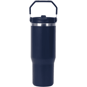A drink bottle in navy blue with a metal band and a handle at the top; features a branding logo.