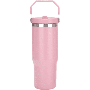 A drink bottle in pink with a metallic band, featuring a handle on top for easy carrying.