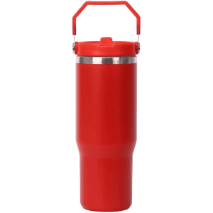A drink bottle in vibrant red with a stainless steel band and a handle for easy carrying. It has a logo.
