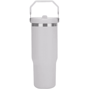 A drink bottle in white, featuring a metal trim and a handle for easy carrying. It has a logo on the side.